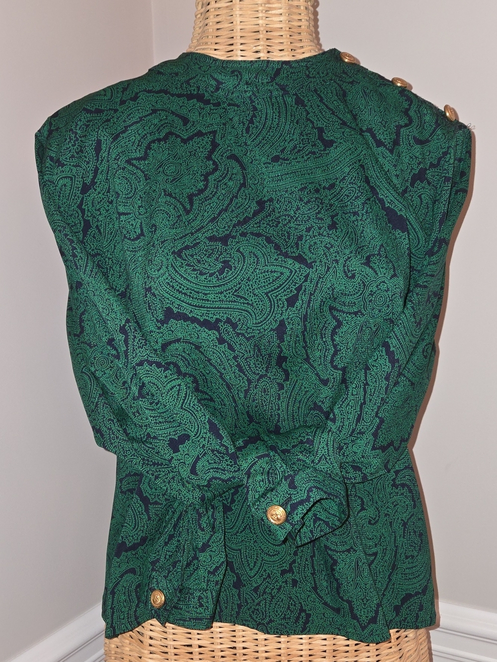 Vintage Green Paisley Button Shoulder Blouse